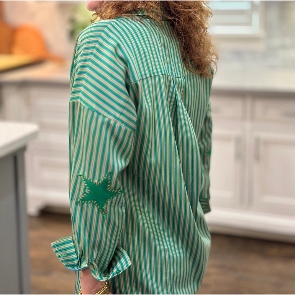 Caryn Lawn Preppy Star Top Size 2 6-12 In Green Stripe Elbow Patch Popover